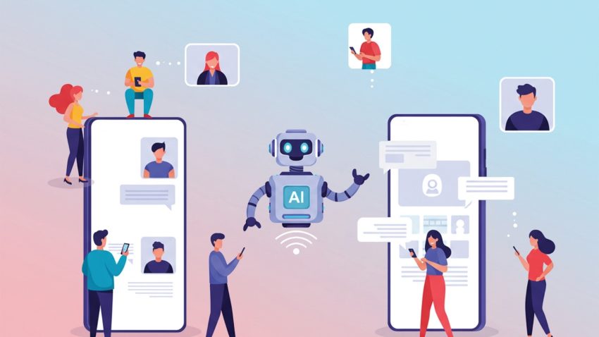 AI robot between two giant smartphones with people around them, illustrating optimizing for AI with the Four R’s of AEO