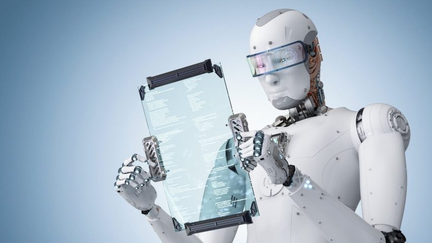 Futuristic robot examining a tablet, visualizing why AI can’t see content without indexability and retrieval
